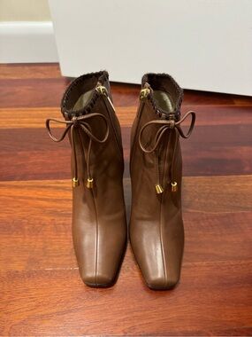 Jimmy Choo Vintage Square Toe Whipstitch Brown Leather Bow Booties